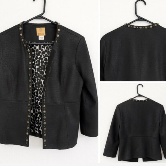 Y2K Ruby Rd. Jacket Woman's Size 12 Black Open Front Croc Embossed Studded Trim - Picture 3 of 5